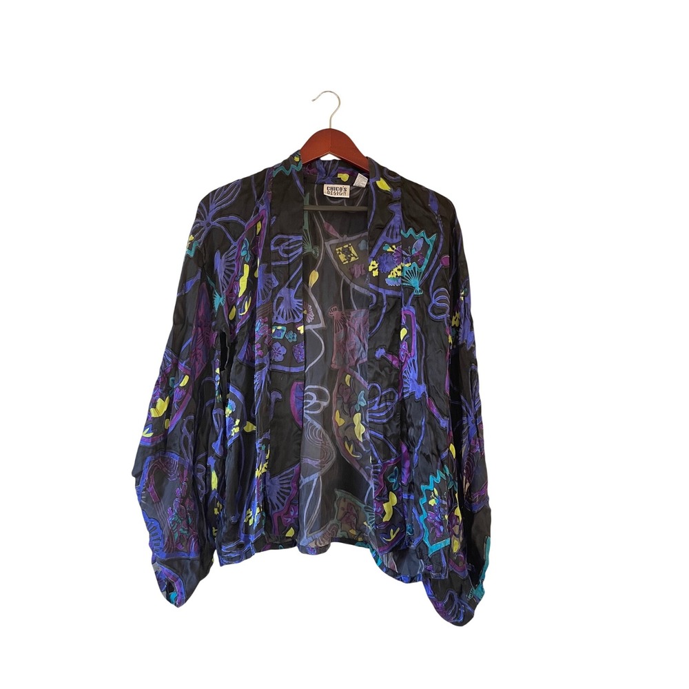 Chicos Design Vintage‎ Silk Blend Burnout Kimono Jacket Fan Floral Black Size 0